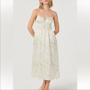 ASTR the Label Smocked Silky Milkmaid Floral Cream Blue Dress Size Small